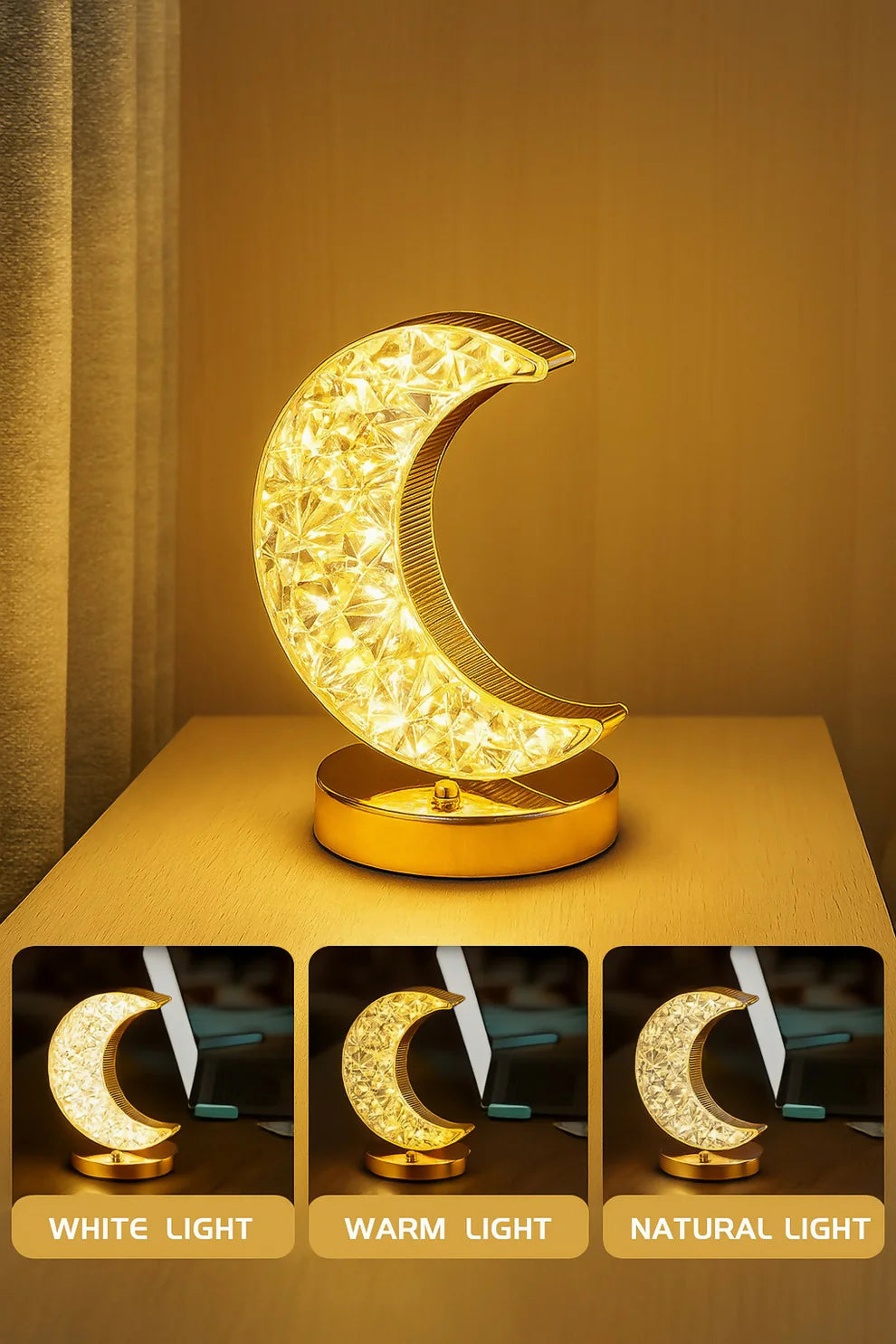 Golden Crystal LED Moon Lamp – 3 Color Modes (White, Warm & Natural Light)
